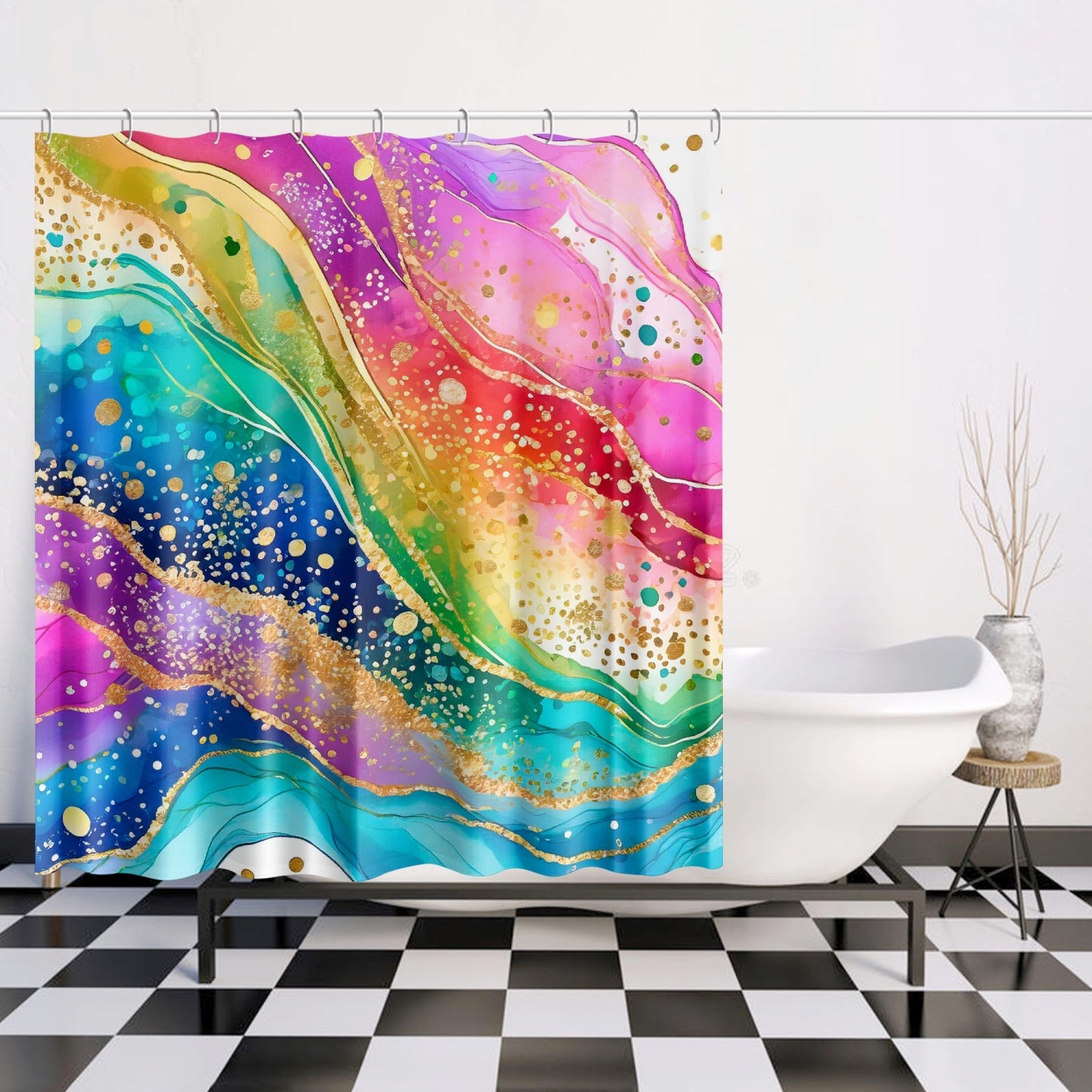 Rainbow Watercolor Shower Curtain w/12 Hooks