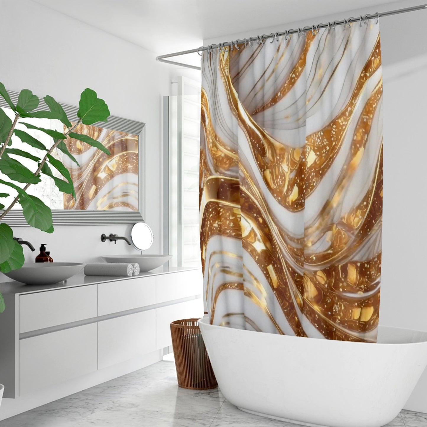 Gold & White Swirl Shower Curtain w/12 Hooks