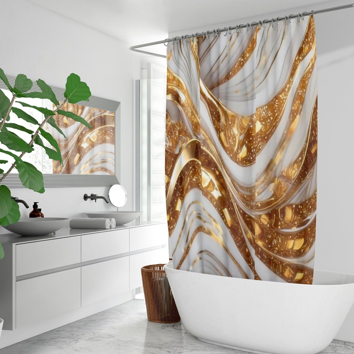 Gold & White Swirl Shower Curtain w/12 Hooks