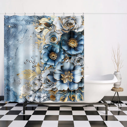 Blue & Gold Flowers Shower Curtain w/12 Hooks