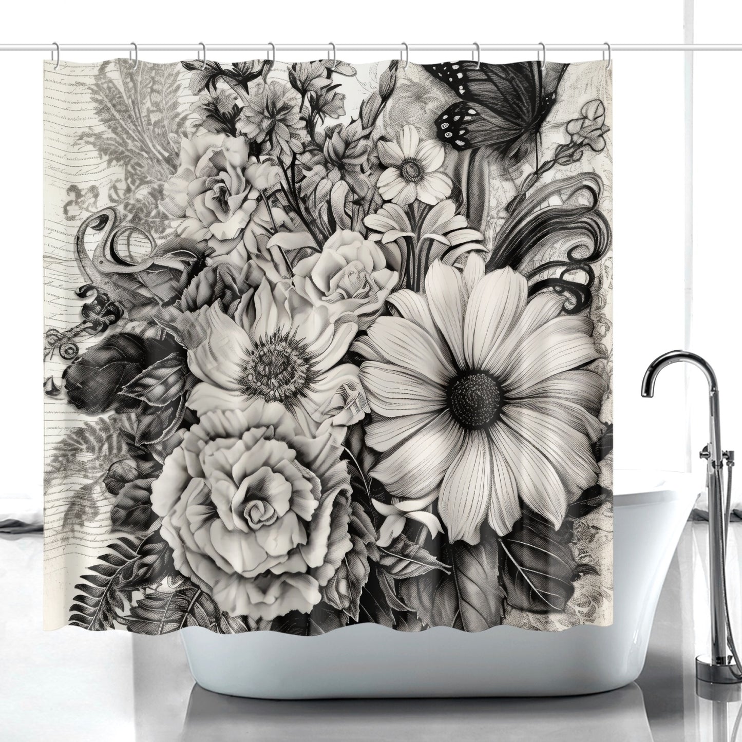 Black & White Bouquet Shower Curtain w/12 Hooks