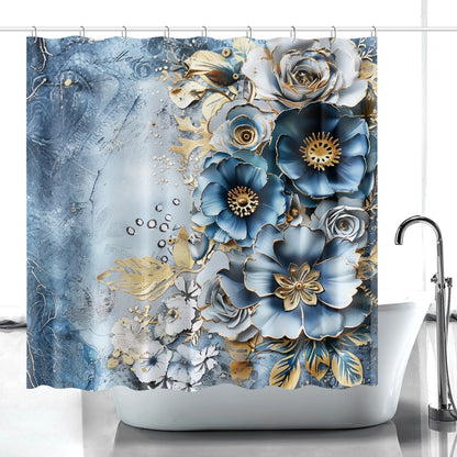 Blue & Gold Flowers Shower Curtain w/12 Hooks