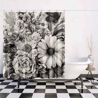 Black & White Bouquet Shower Curtain w/12 Hooks