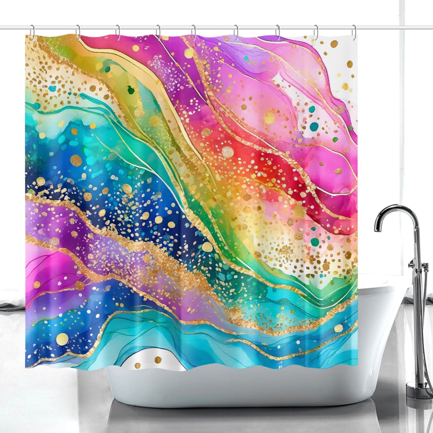 Rainbow Watercolor Shower Curtain w/12 Hooks