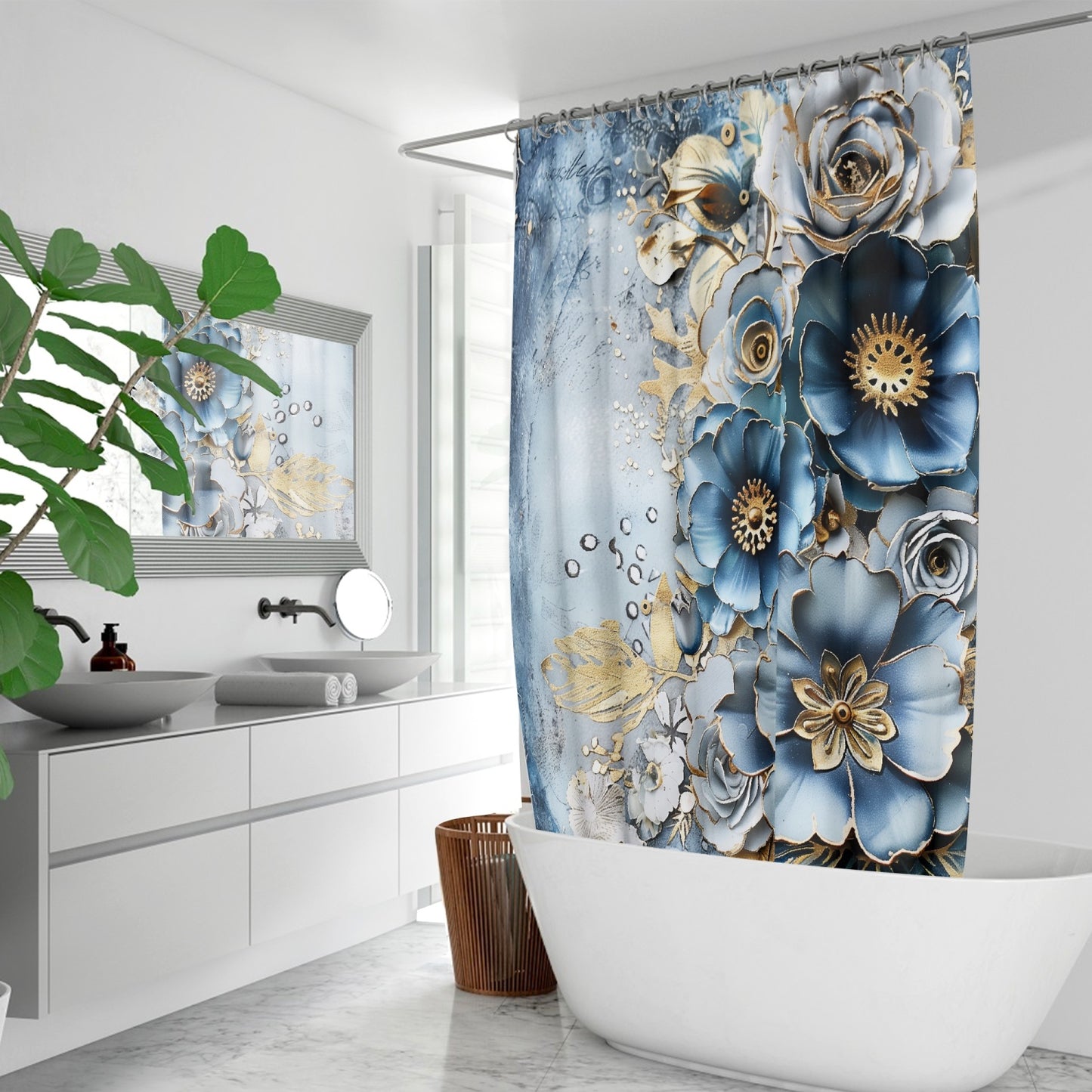 Blue & Gold Flowers Shower Curtain w/12 Hooks