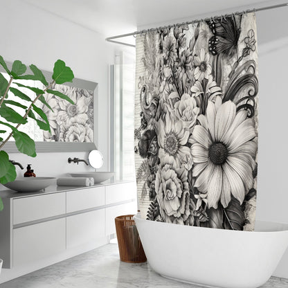 Black & White Bouquet Shower Curtain w/12 Hooks