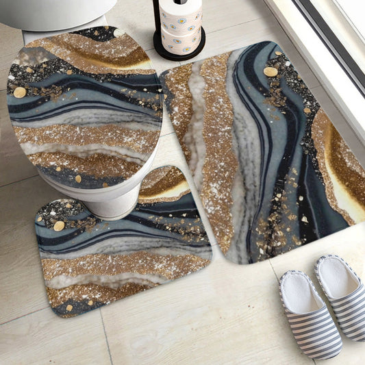 Black & Gold. 3 Pcs Toilet Rug Set